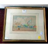 An Eastern landscape with figures in a square with Mosque, watercolour, indistinctly signed,