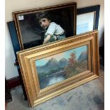 An oil landscape, print of a boy playing cricket, etc.