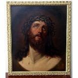 A portrait of Jesus Christ wearing crown of thorns, oil on canvas, unsigned,