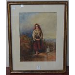 A 19th Century portrait of a peasant girl, watercolour,