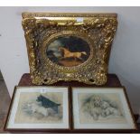 A print of a stallion and a pair of Lucy Dawson prints of dogs