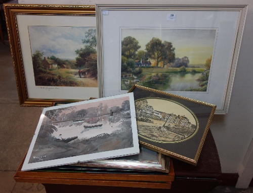 Three landscape watercolours and assorted prints