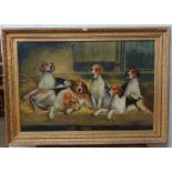 Manner of John Emms (1843-1912), six fox hounds in a barn, oil on canvas, signed lower left,