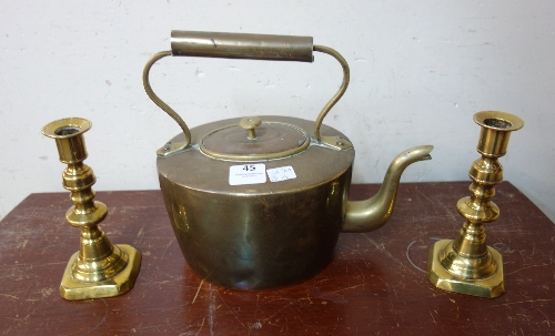 A Victorian brass kettle and a pair of brass candlesticks - Image 2 of 2