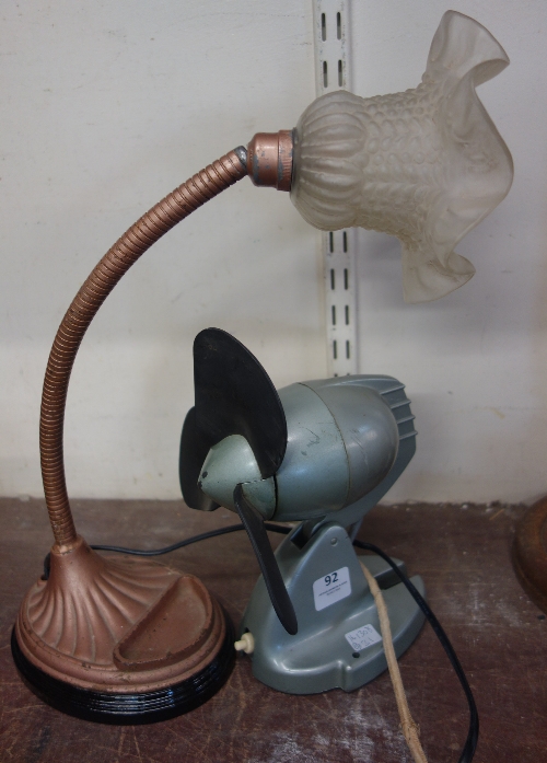 A 1950's desk fan and an Art Deco tulip table lamp