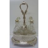 A Victorian EPNS gallery cruet with original cut glass bottles, c.