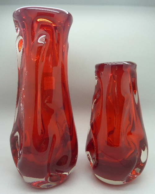 Two Whitefriars red knobbly glass vases,