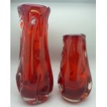 Two Whitefriars red knobbly glass vases,