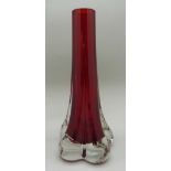 A 1970's Whitefriars lobed elephants foot vase in ruby red pattern no.