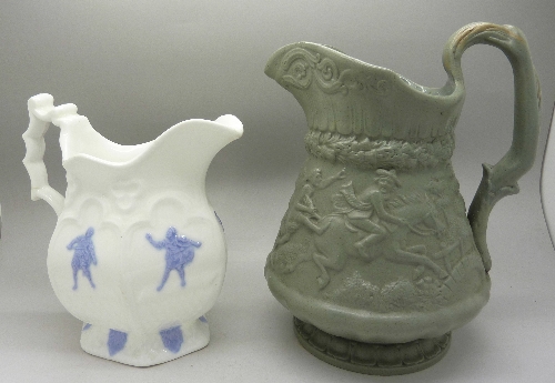 A Ridgway jug with embossed tavern scene and one other jug,