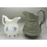 A Ridgway jug with embossed tavern scene and one other jug,