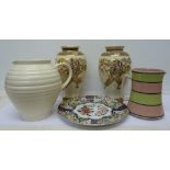 An oriental plate, a Kensington jug, a Langley jug and a pair of Satsuma vases,