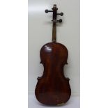 A cased violin and bow, a/f, with paper label, Joseph Guarnerius, length of back without button 36.