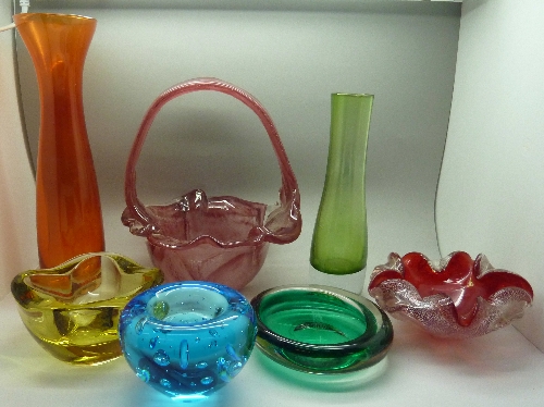 Seven coloured glass vases and bowls