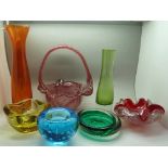 Seven coloured glass vases and bowls