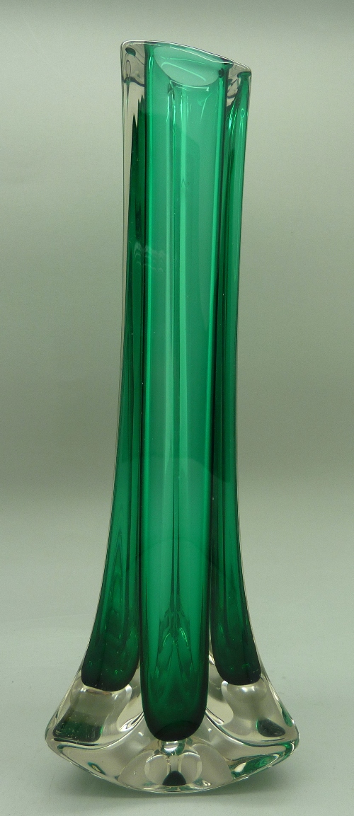 A Whitefriars glass 1960s tricorn cased vase in sea green by Geoffrey Baxter, pattern number 9570, - Image 2 of 2