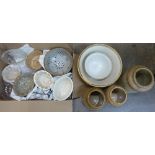 Assorted jelly moulds and stoneware bowls and jars