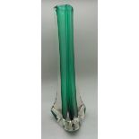 A Whitefriars glass 1960s tricorn cased vase in sea green by Geoffrey Baxter, pattern number 9570,