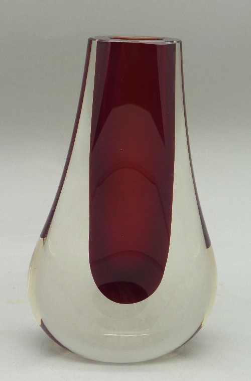 A Whitefriars glass 1970's Hambone vase in ruby red by Geoffrey Baxter, pattern no.