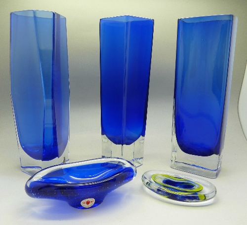 Three Swedish blue cased glass vases by Lindshammer, a Czech glass bowl and a Bohemia paperweight,