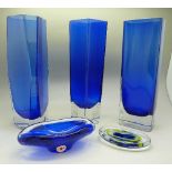 Three Swedish blue cased glass vases by Lindshammer, a Czech glass bowl and a Bohemia paperweight,