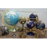 A gemstone globe on a brass plinth, three other gemstone globes, a Chad Valley globe, etc.