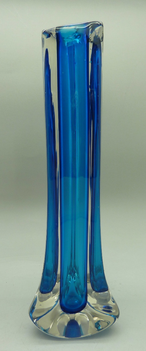 A Whitefriars glass 1960s tricorn cased vase in kingfisher blue by Geoffrey Baxter, - Image 2 of 2