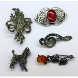 Five silver brooches