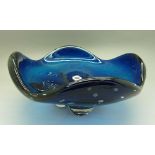 A Whitefriars glass kingfisher blue lobed cased bowl with controlled bubbles,