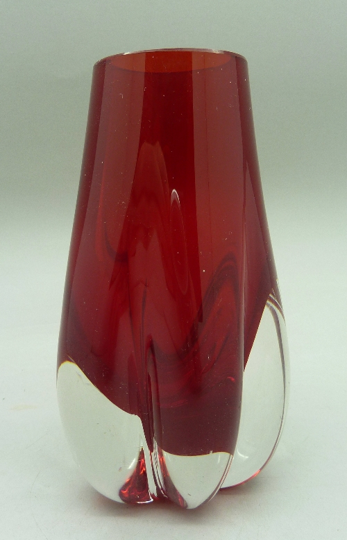 A Whitefriars green glass 1970's lobed vase by Geoffrey Baxter in ruby red, pattern no.