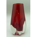 A Whitefriars green glass 1970's lobed vase by Geoffrey Baxter in ruby red, pattern no.