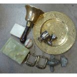 An oriental brass charger, a brass bell, a door knocker, an onyx box, etc.