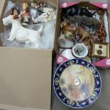 Decorative china including a Royal Crown Derby owl, a/f, a Beswick dog, a/f, carved animal figures,