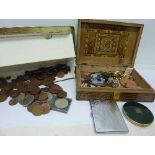 A marquetry box, two compacts, jewellery, coins, etc.