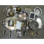 Brass and plated ware including trays, rose bowl, photograph frames, tankards and a table lamp,