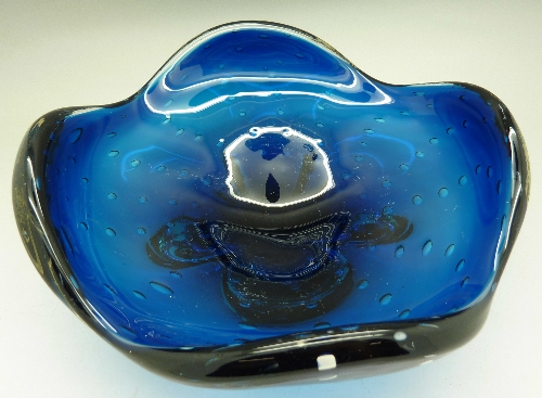 A Whitefriars glass kingfisher blue lobed cased bowl with controlled bubbles, - Image 3 of 3