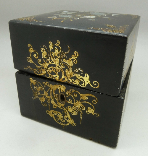 A 19th Century lacquered box with mother of pearl inlay fitted with four scent bottles, - Image 3 of 3