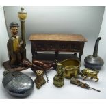 A hip flask, a plated funnel, three brass items, a musical figural bottle opener,