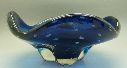 A Whitefriars glass kingfisher blue lobed cased bowl with controlled bubbles, - Image 2 of 3