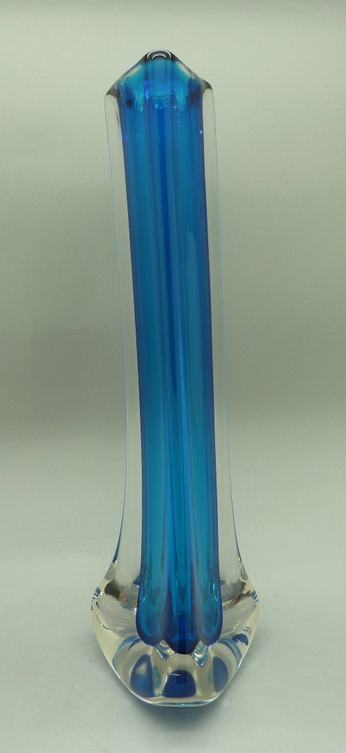 A Whitefriars glass 1960s tricorn cased vase in kingfisher blue by Geoffrey Baxter,