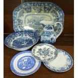 Blue and white china including a meat plate,