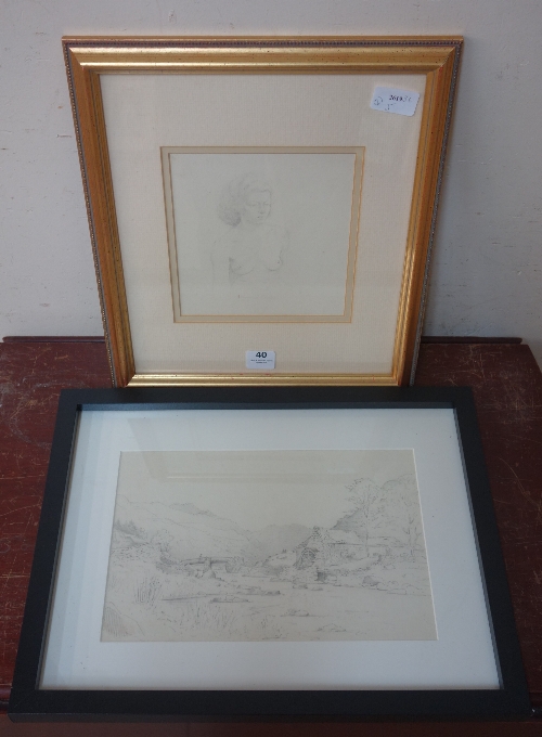 Two framed pencil drawings,