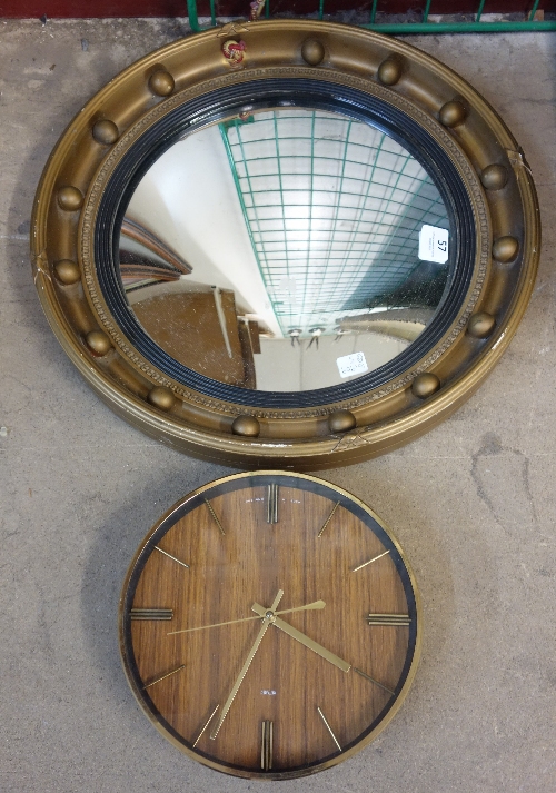 A gilt framed convexed mirror and a circular Metamec wall clock