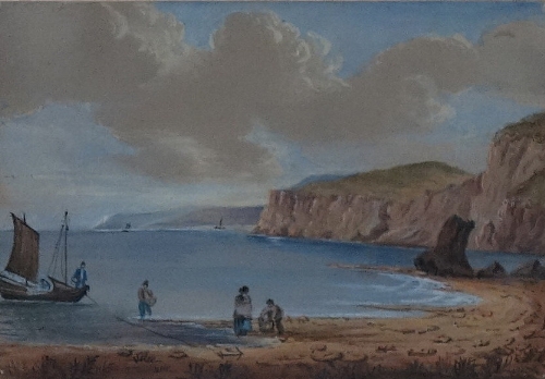 Continental School, coastal landscape with figures, watercolour and gouache,
