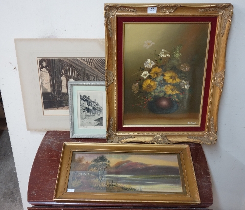 An etching, Mermaid Inn, Rye, a still life of flowers, oil on canvas, a river landscape,