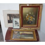 An etching, Mermaid Inn, Rye, a still life of flowers, oil on canvas, a river landscape,