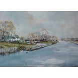 Len Hubbard, river landscape with barges,