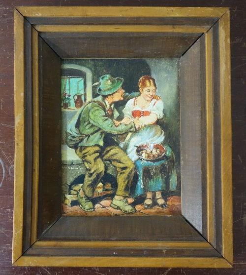 A German oil on panel, figures in a kitchen interior,