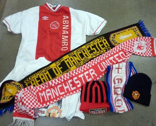 Four Manchester United home football shirts, one away shirt, scarves, hats, - Image 3 of 3