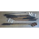 Fifteen golf clubs including two hickory shafts,